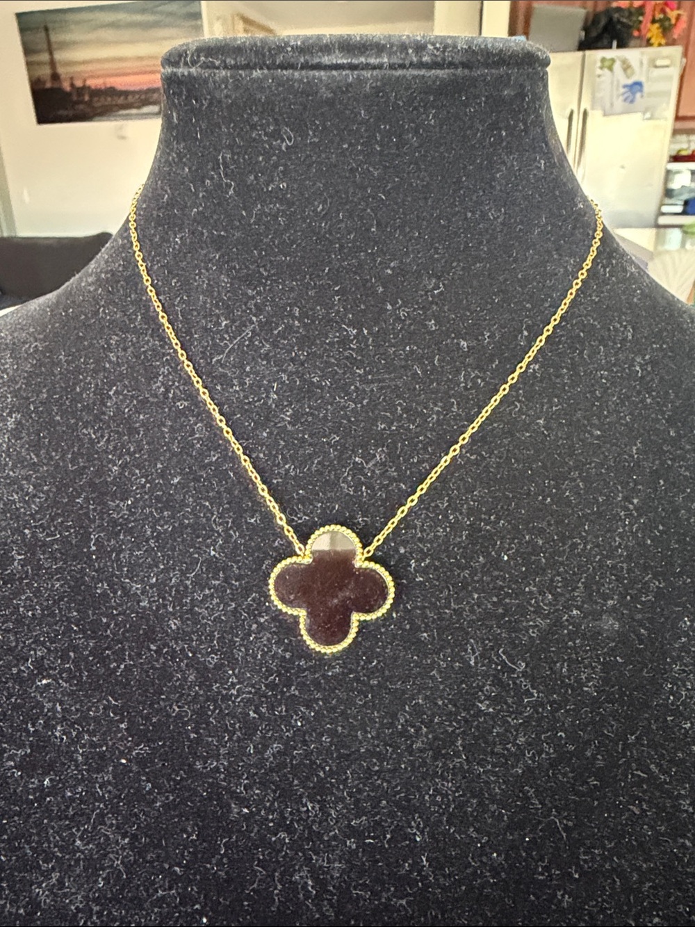 Gold Chain Necklace with Dark Brown Clover Pendant